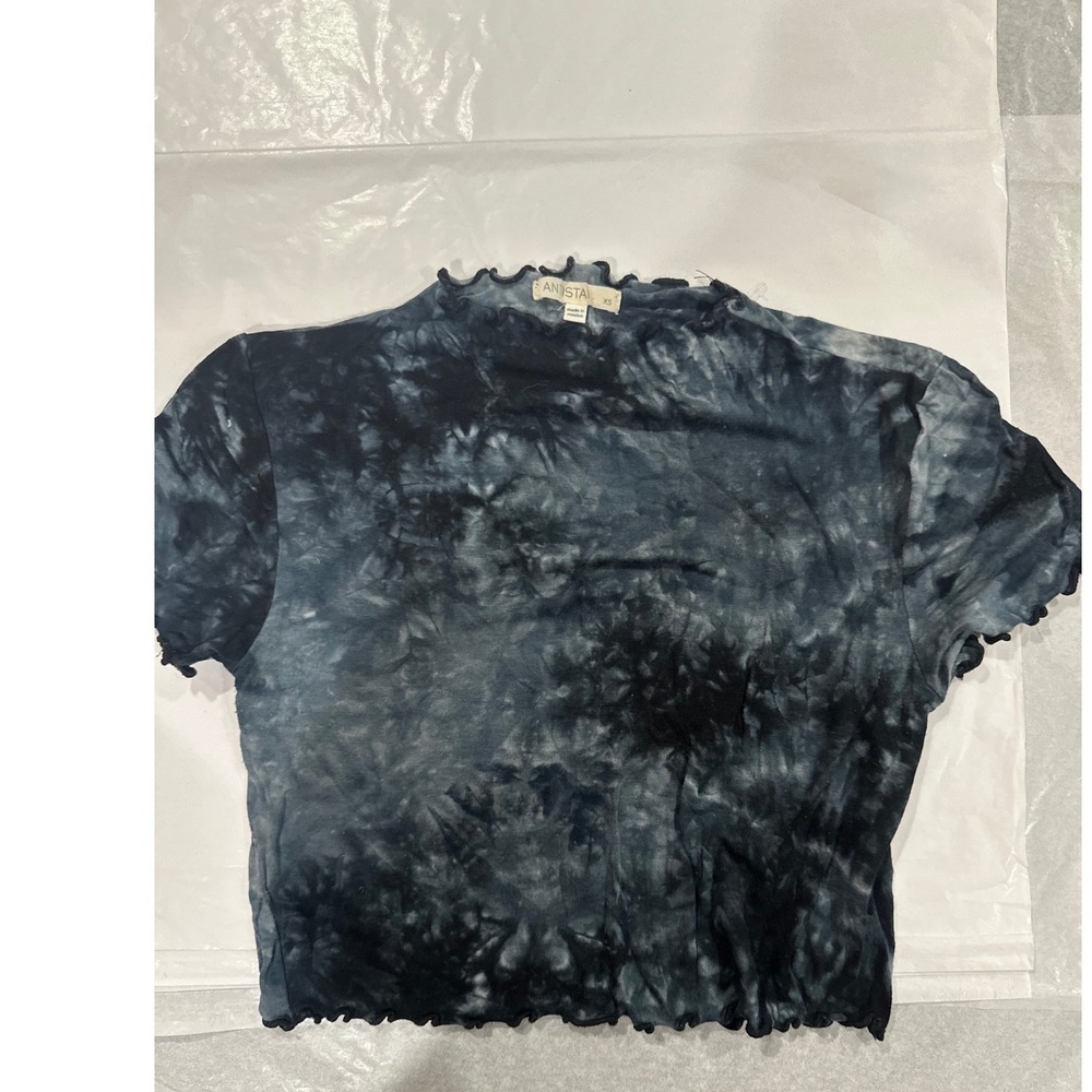 Antistar Tie Dye Baby Tee XS Black Grey Lettuce Trim Y2K Mock Neck Crop Top